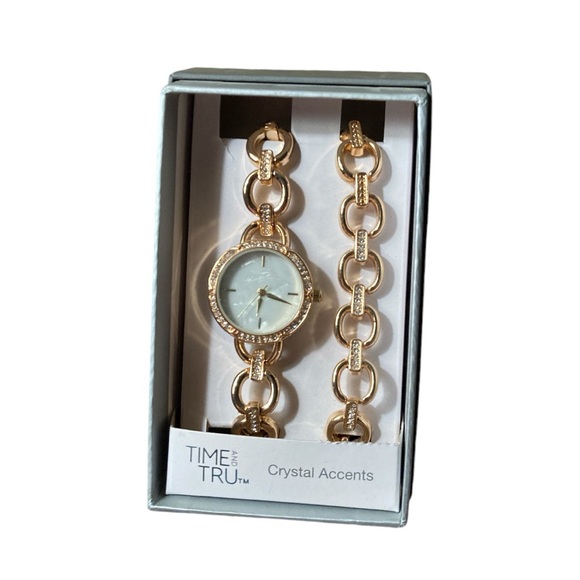 Faux Crystal Accents Gold Tone With White Rhinestones And Matching Bracelet - Picture 3 of 4